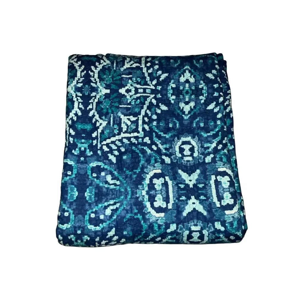 Remi Teal Aqua Geometric Patterned Scrub Cap Queen Size Quilt Throw